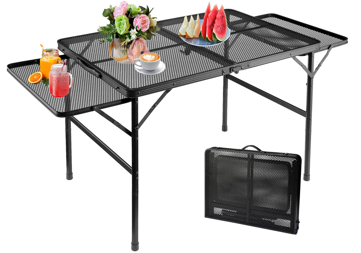Black 4.4 FT Folding Camping Table with 2 Wing Panels O215942