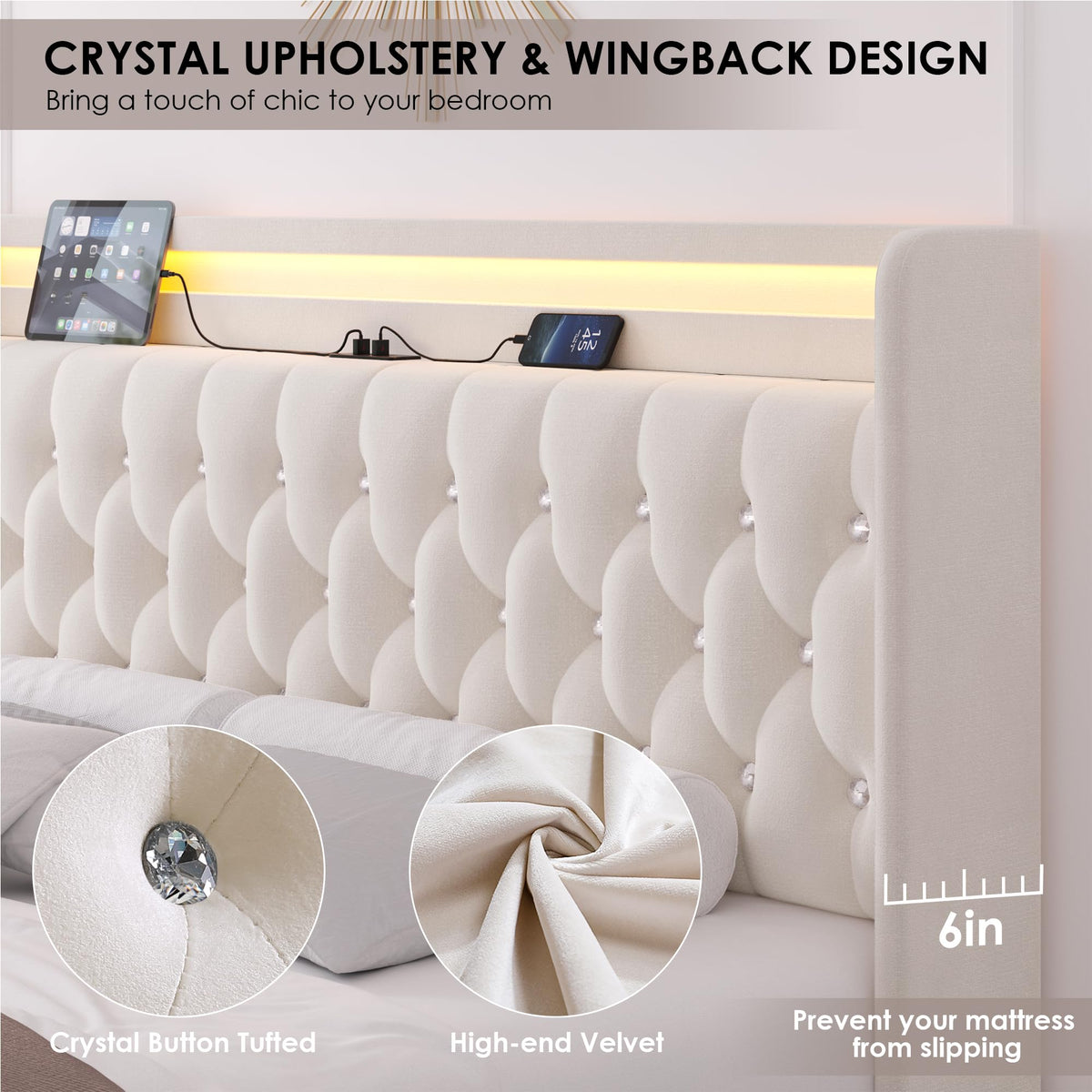 Beige Upholstered Full LED Bed Frame with Storage L387951