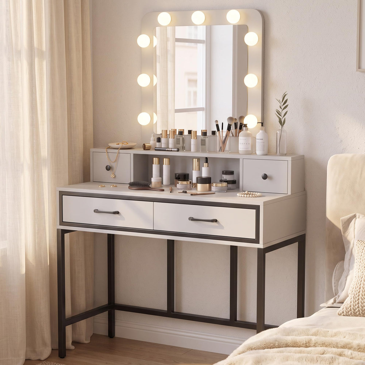 White Vanity Desk with Lighted Mirror and 4 Drawers W25391