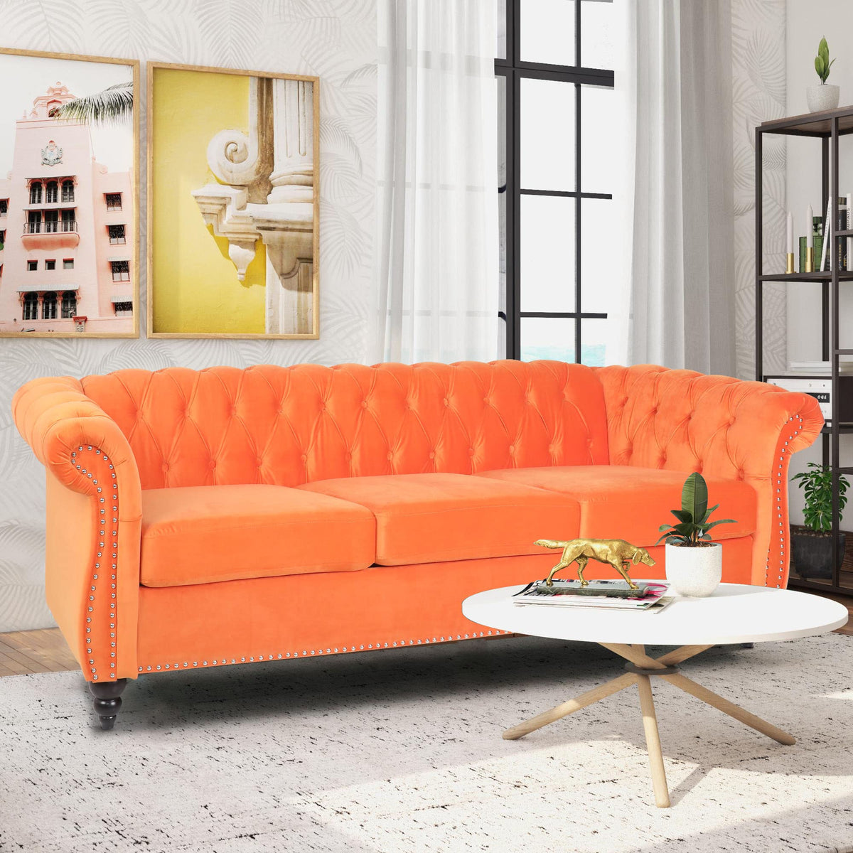 Orange Velvet 3 Seater Sofa D425