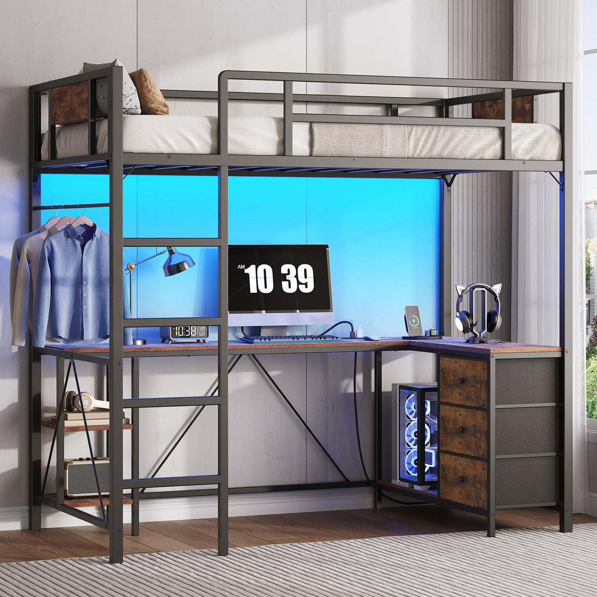 Twin Size Metal Loft Bed with L-Shaped Desk, 3 Storage Drawers, LED Light & Ladder H278