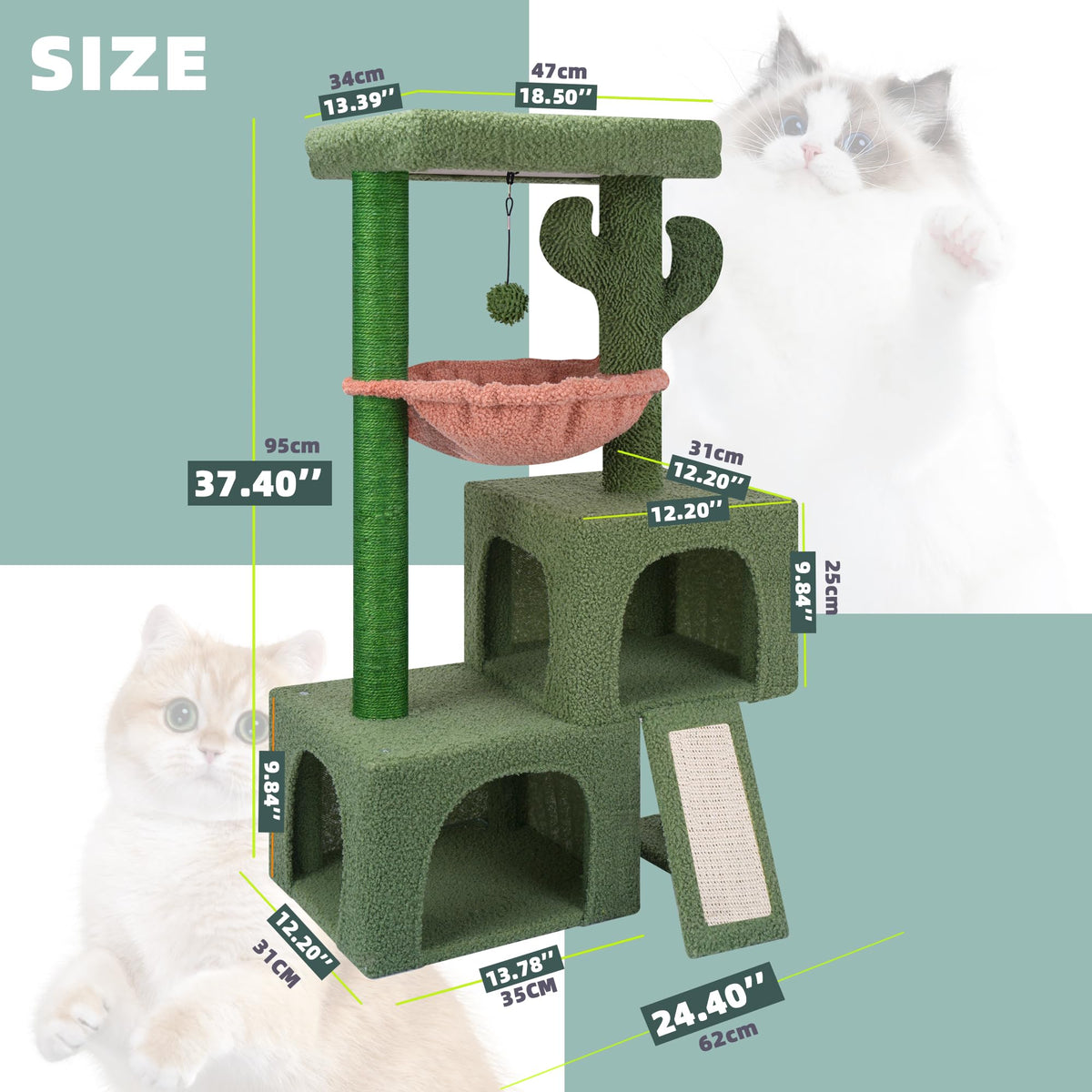 37.4" Green Cactus Cat Tree with Cat Condos and Scratching Post I57645