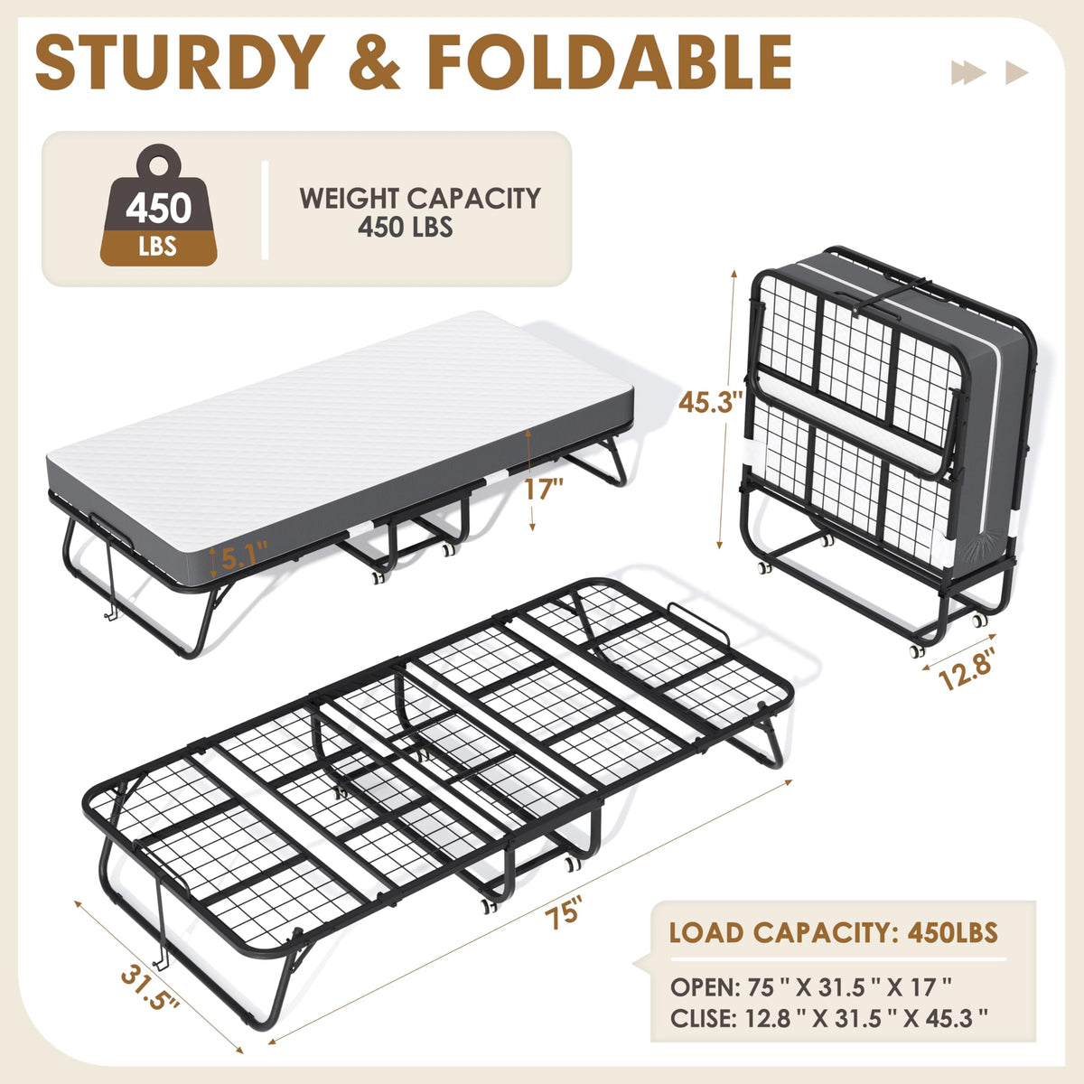 Folding Bed with Mattress, Portable Roll Away Bed, 75" x 31" U82212