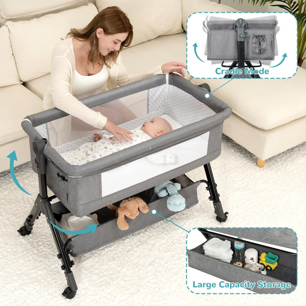 3 in 1 Adjustable Baby Bassinet with Wheels and Storage Basket K6415