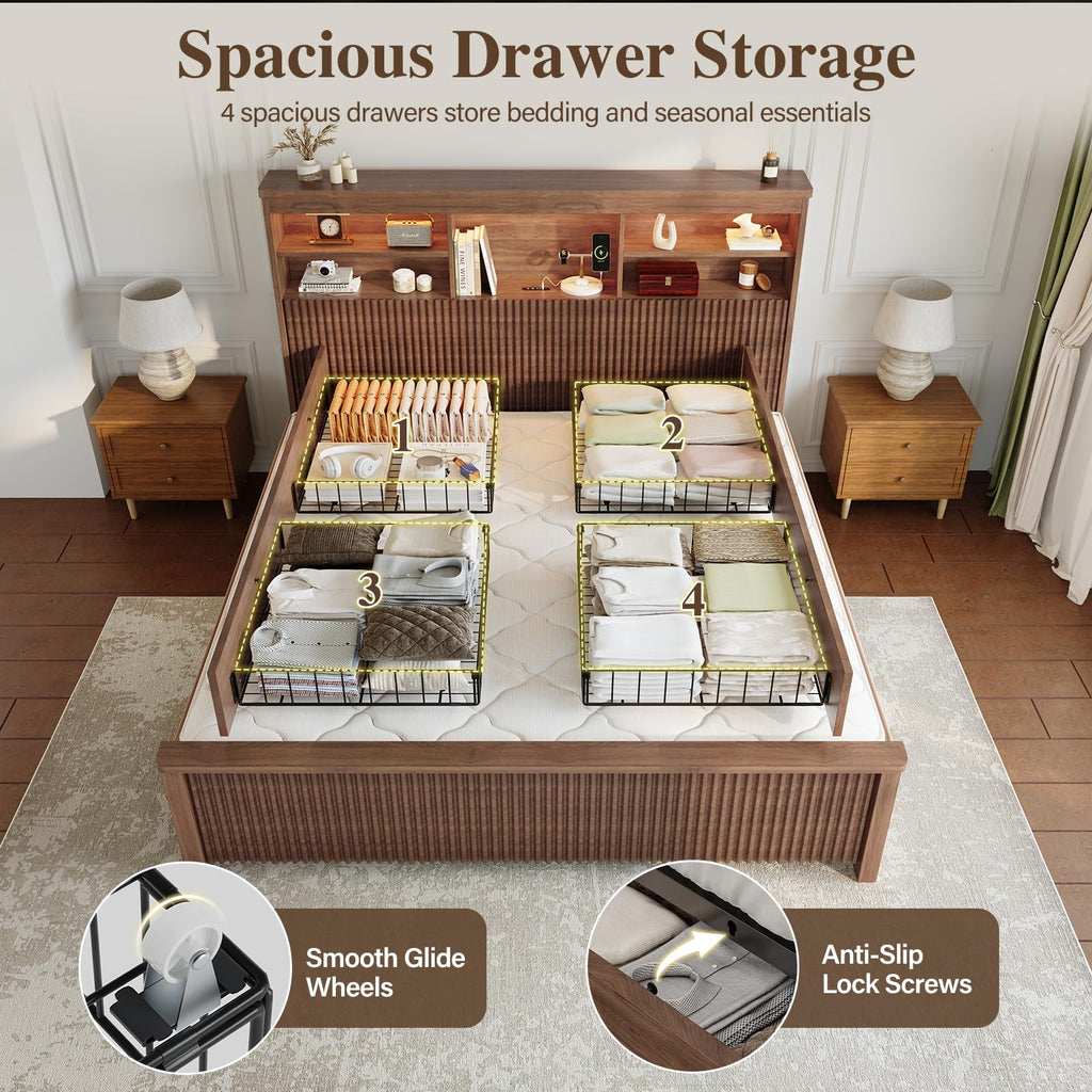 Queen Size Wood Bed Frame with 4 Storage Drawers L784