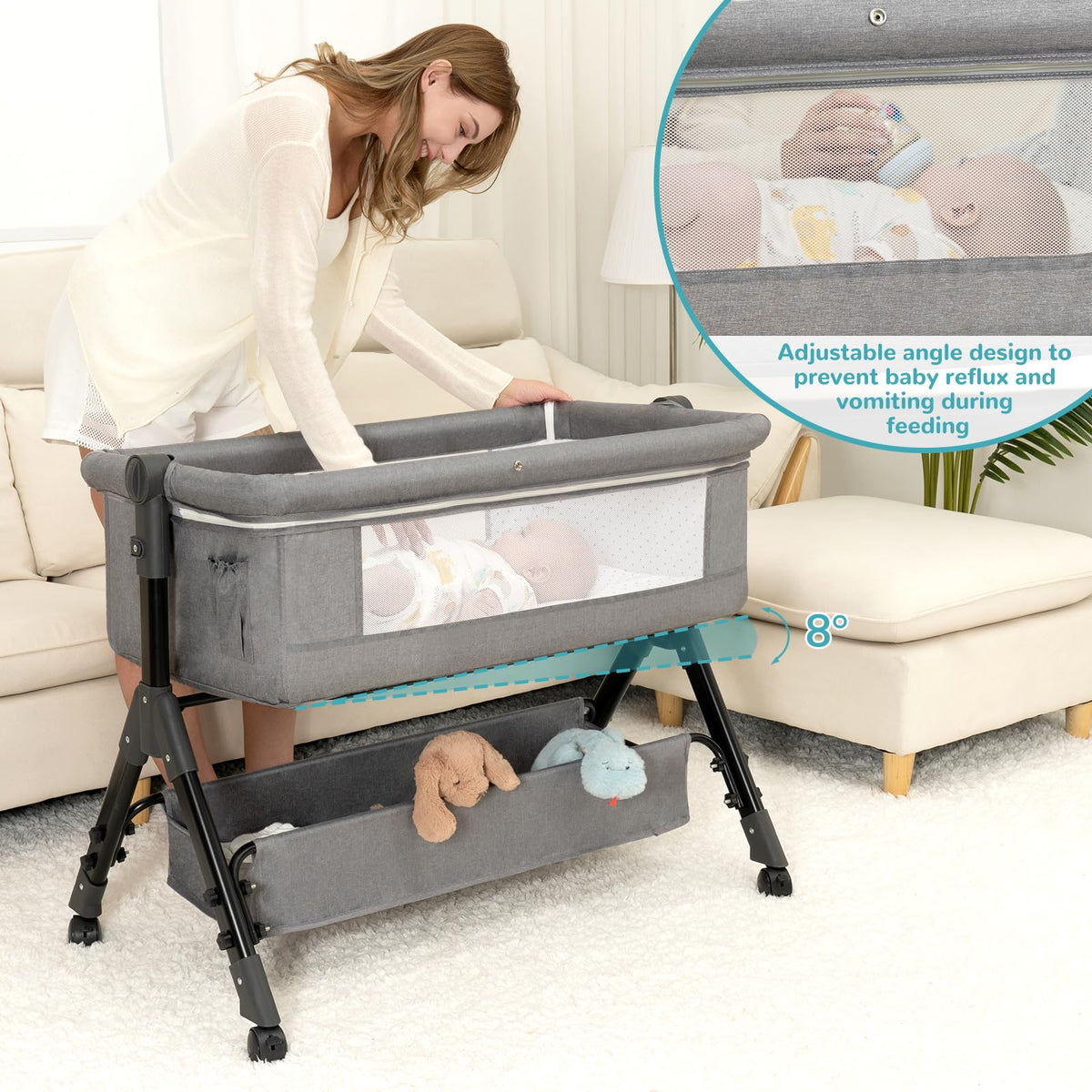 3 in 1 Adjustable Baby Bassinet with Wheels and Storage Basket K6415