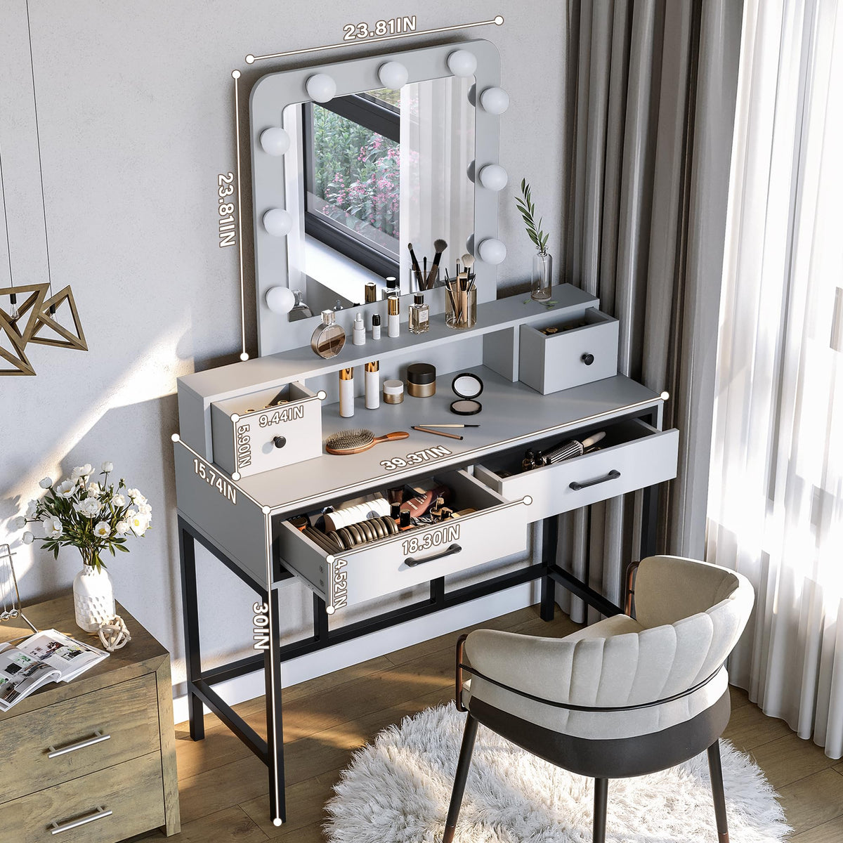 White Vanity Desk with Lighted Mirror and 4 Drawers W25391