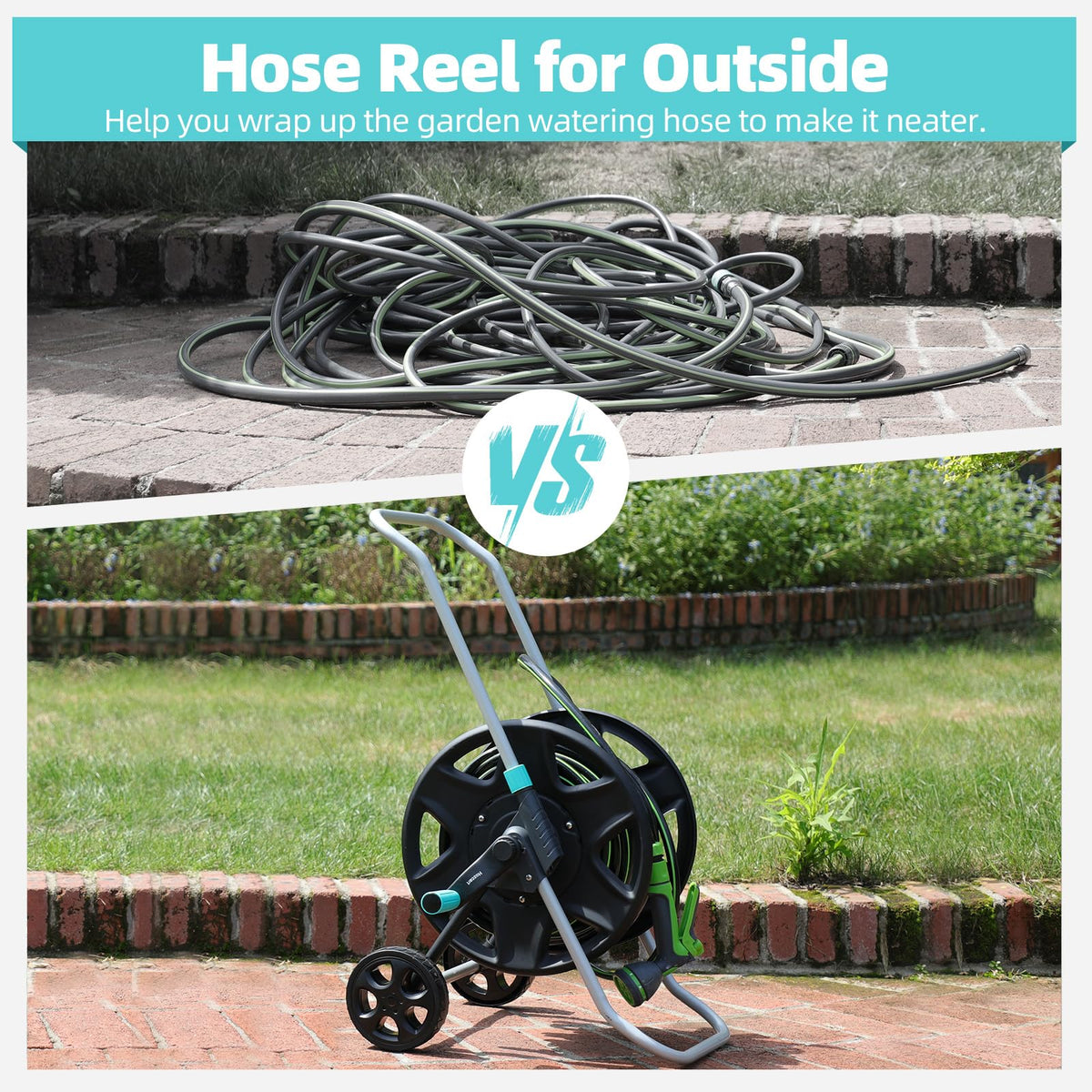 Metal Heavy Duty Garden Hose Reel Cart with Wheels C505448