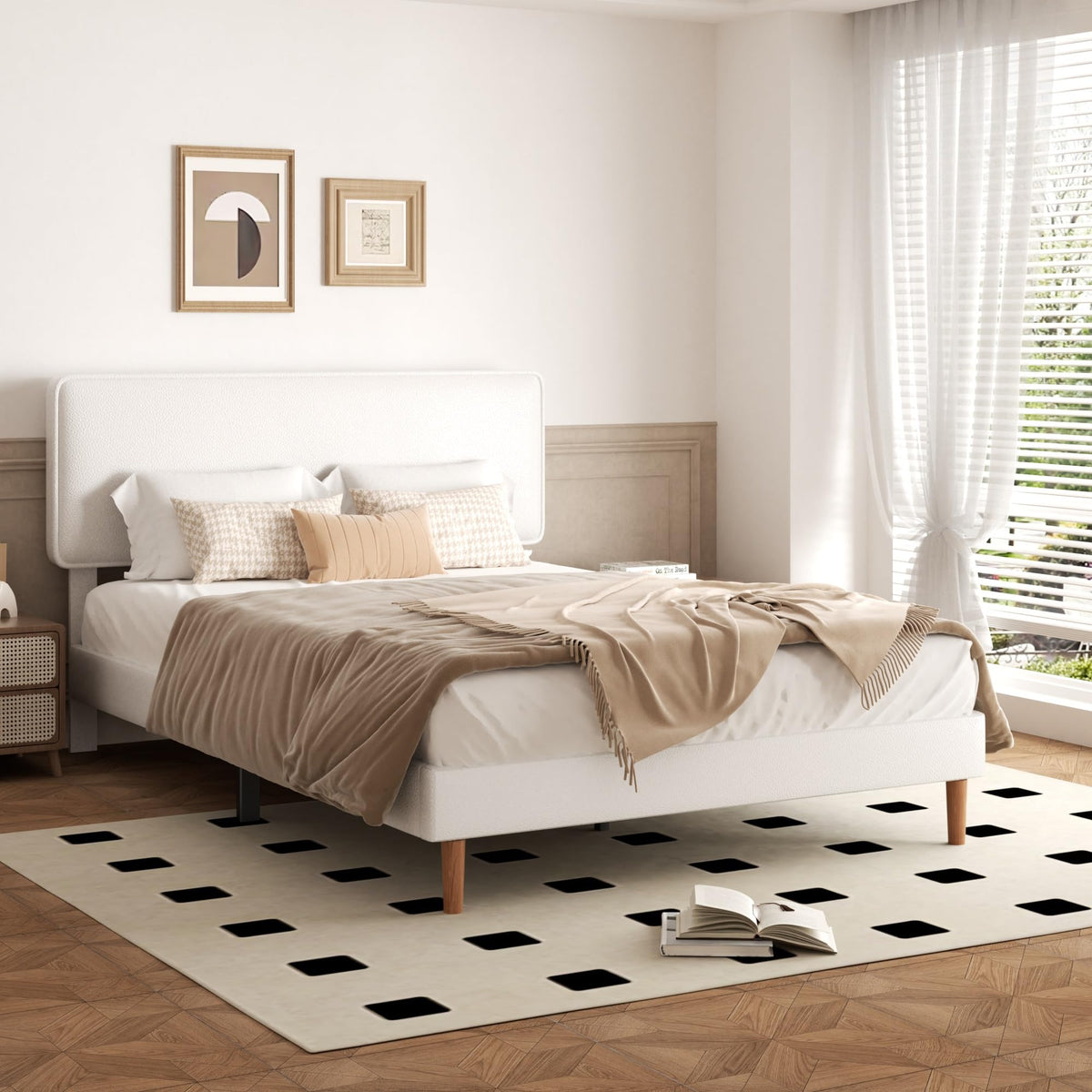 White Upholstered Bed Frame with Adjustable Headboard V828652