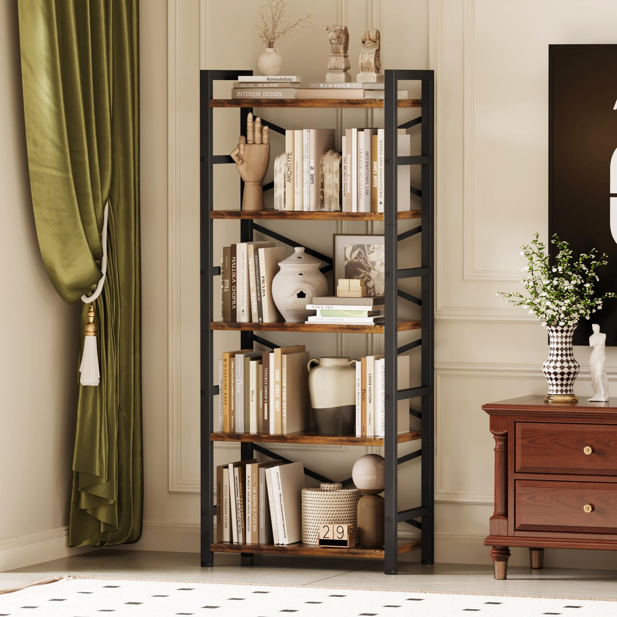 5 Tier Wood and Metal Bookshelf Y925343