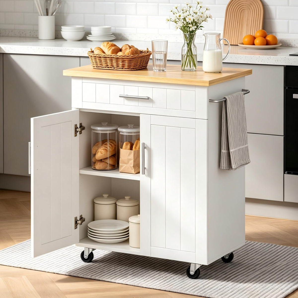 26" Rolling Kitchen Island Cart with Drawer, Shelves, Towel Rack, Lockable Casters, White R38183
