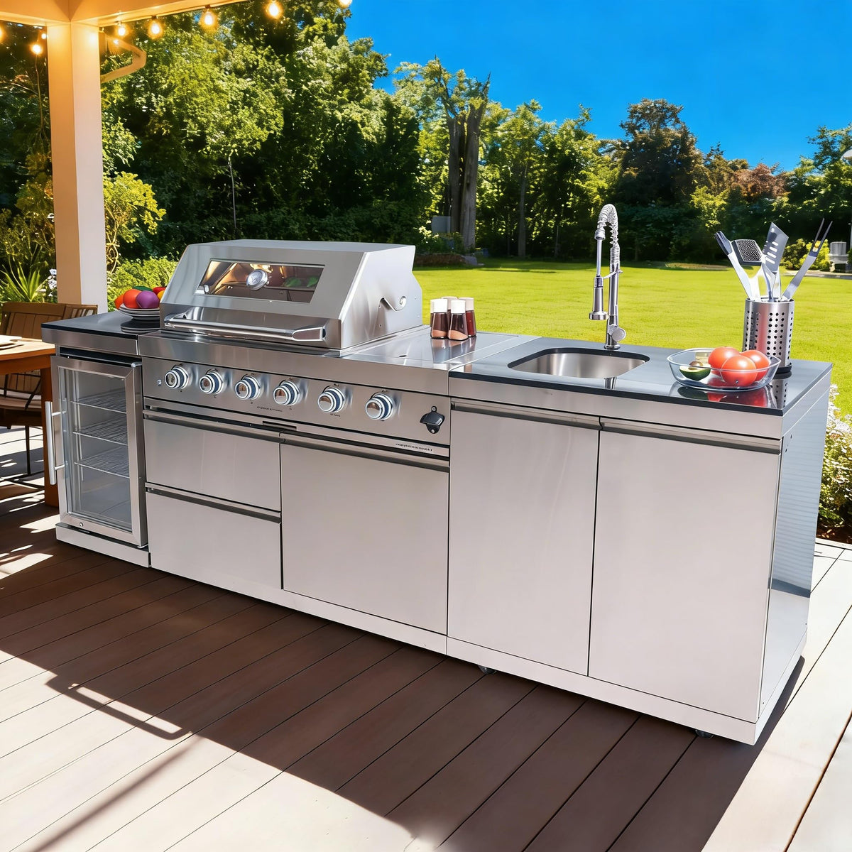 98 Inches 4-Burner Propane Stainless Steel Outdoor Kitchen Island with Refrigerator and Sink I743398