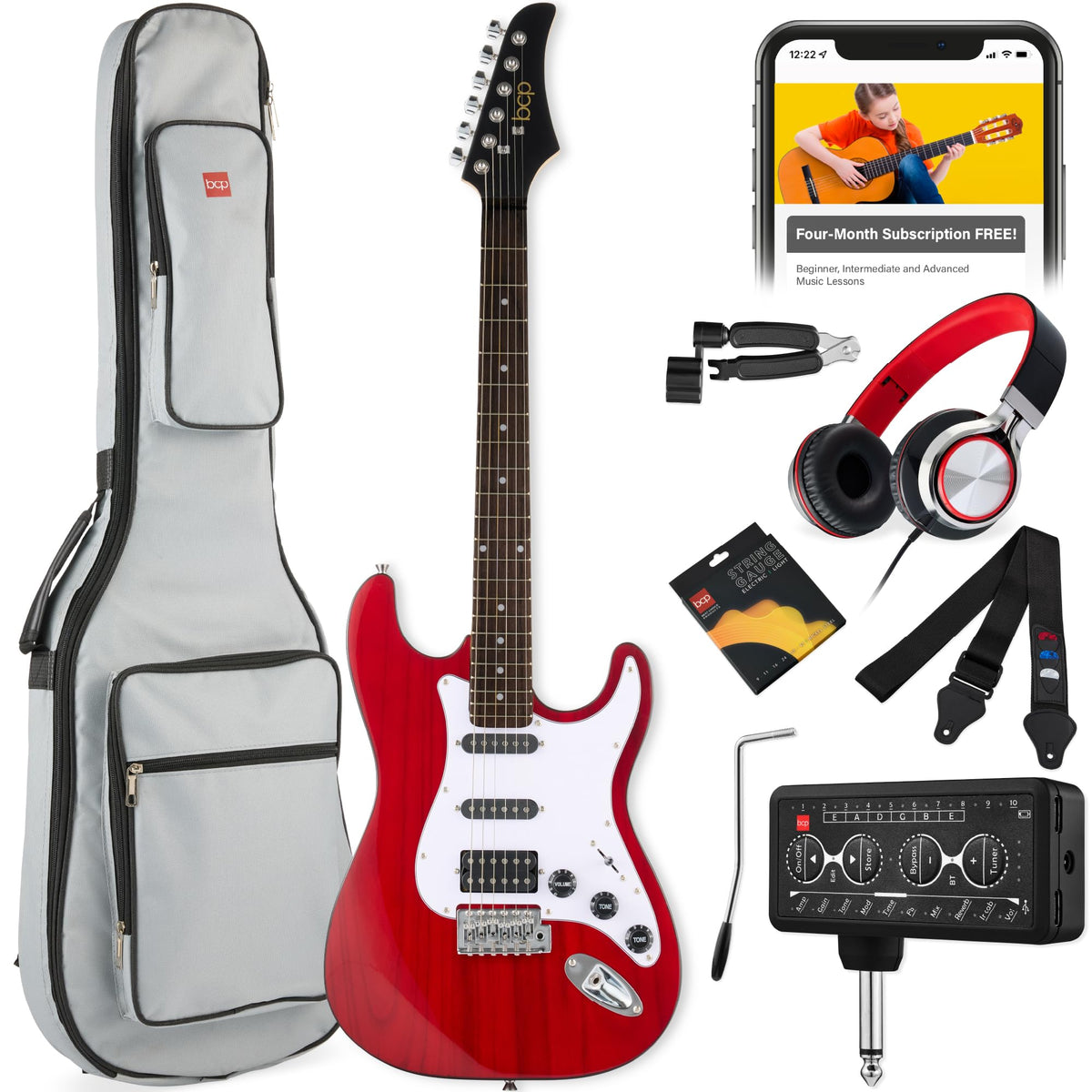 Cherry Red White Electric Guitar Kit with Headphone Amp C2558