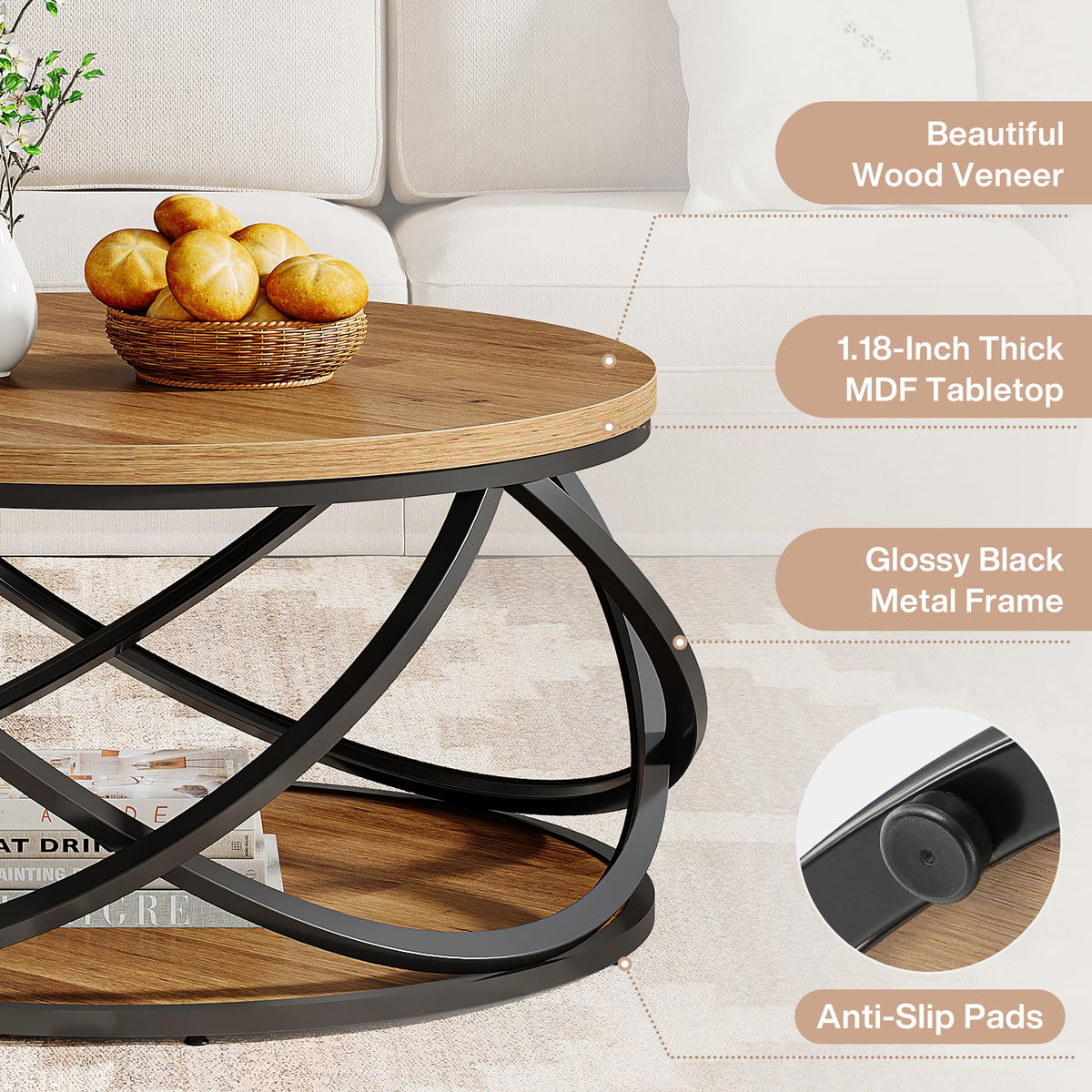 2-Tier Round Coffee Table with Storage Shelf S410716