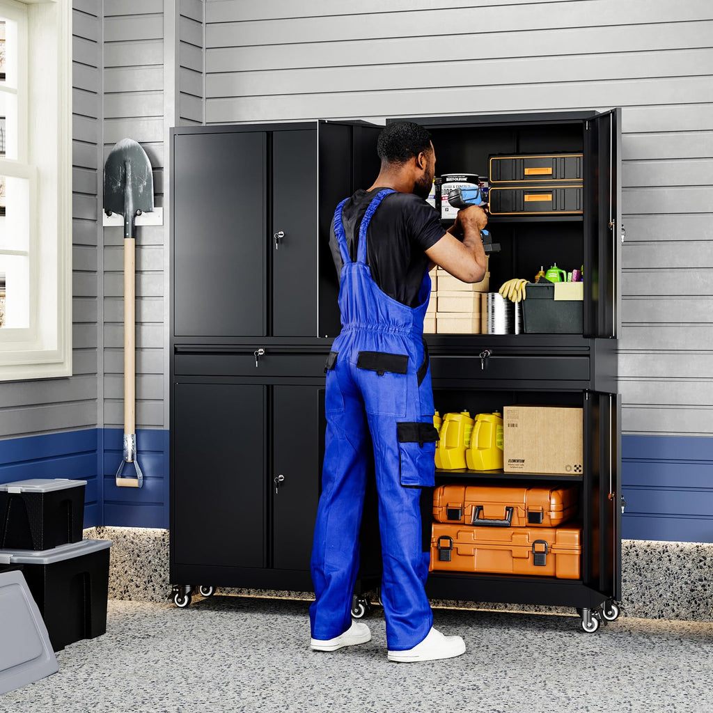 Black Metal Rolling Storage Cabinet with Locking Doors and 1 Drawer O29051