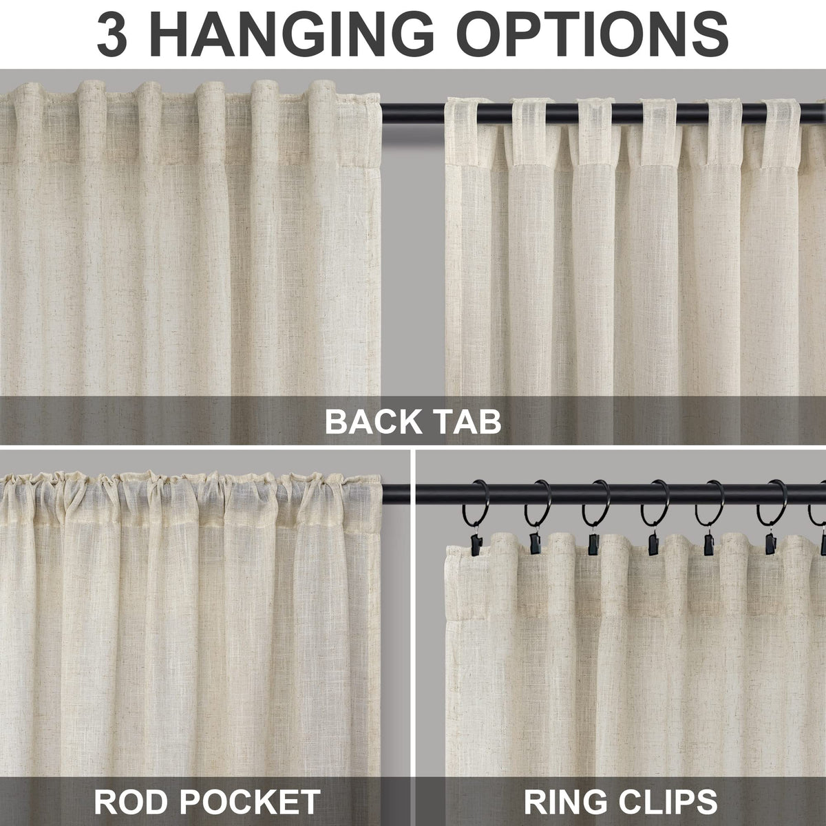 Flax Linen Beige Semi Sheer Curtains 108 Inch 2 Panels U34083