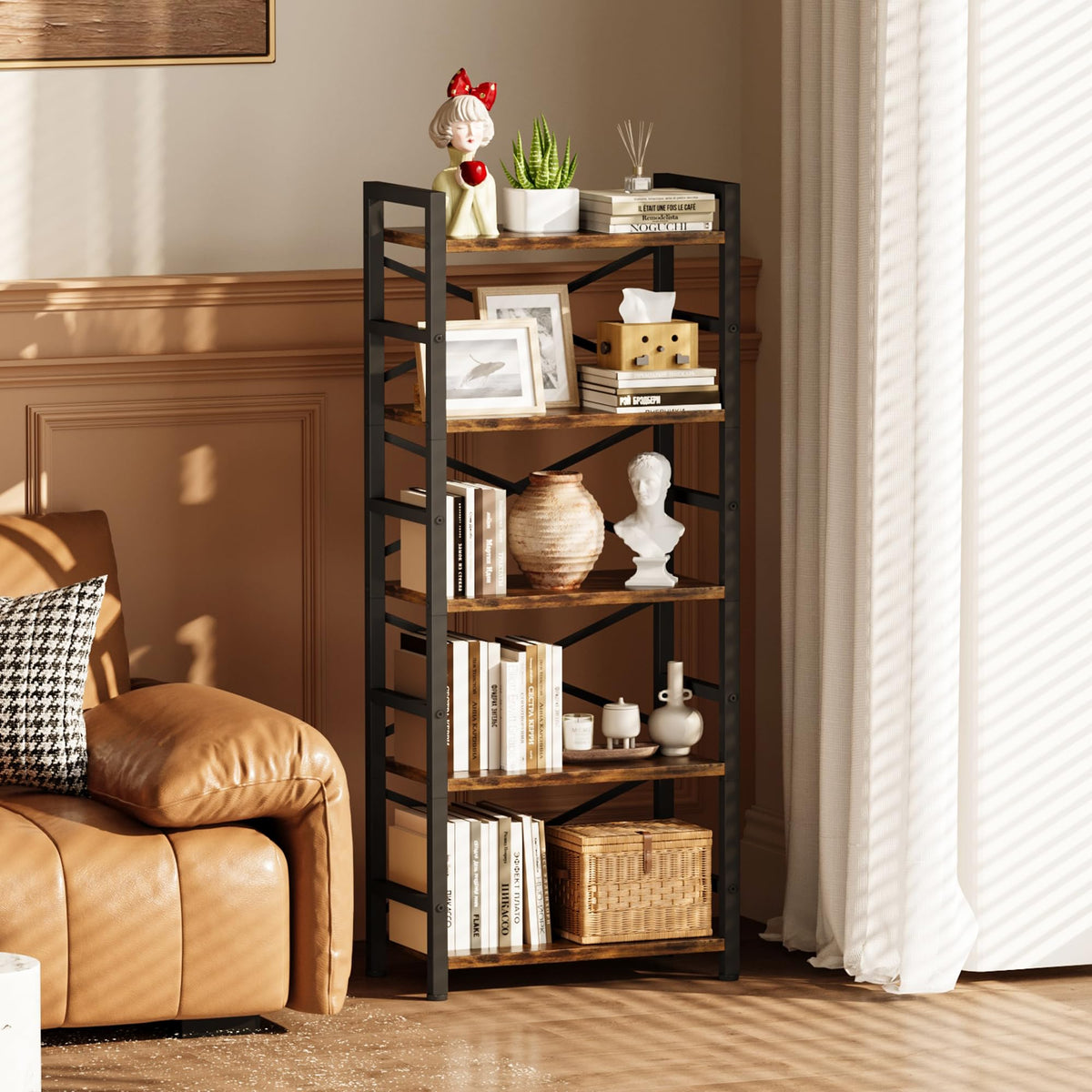 5 Tier Wood and Metal Bookshelf Y925343