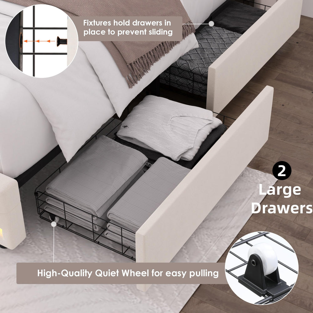 Beige Upholstered Full LED Bed Frame with Storage L387951
