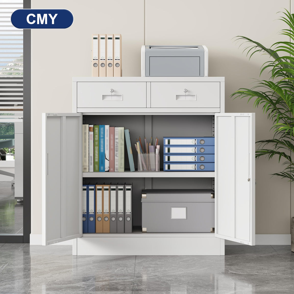 White Metal Storage Cabinet with 2 Drawers Y267826