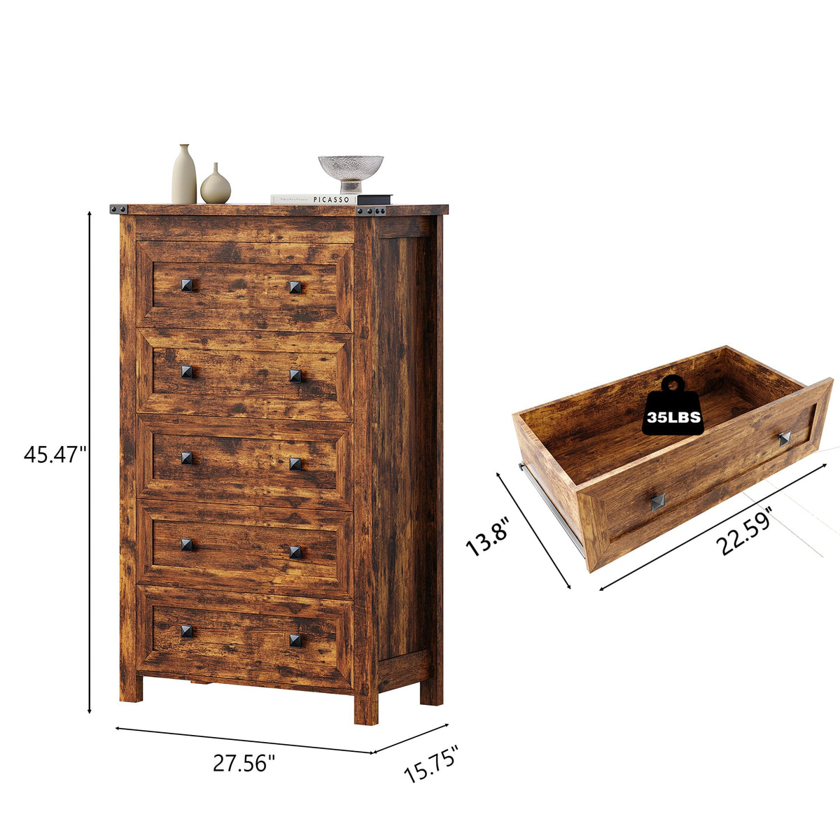 Brown Tall 5 Drawer Wood Dresser with Metal Handles C6731