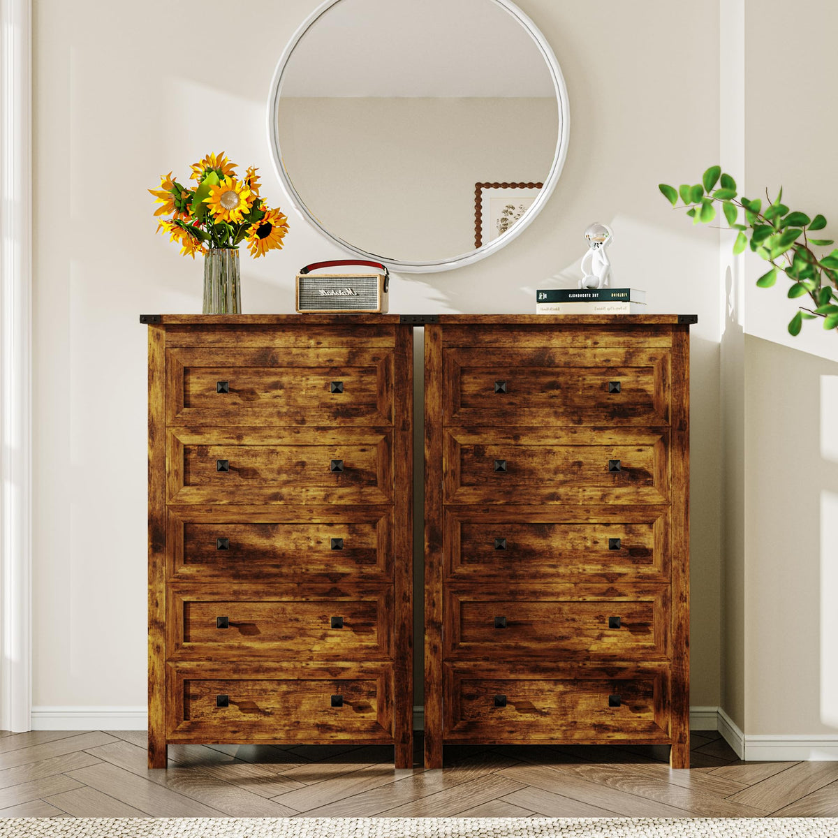 Brown Tall 5 Drawer Wood Dresser with Metal Handles C6731