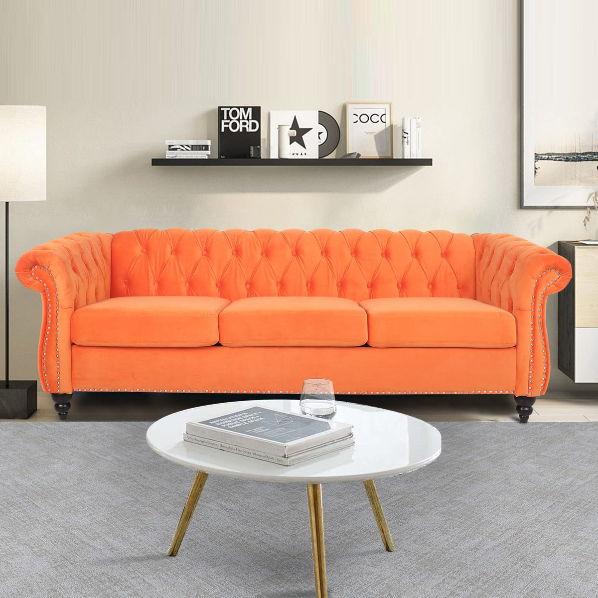 Orange Velvet 3 Seater Sofa D425