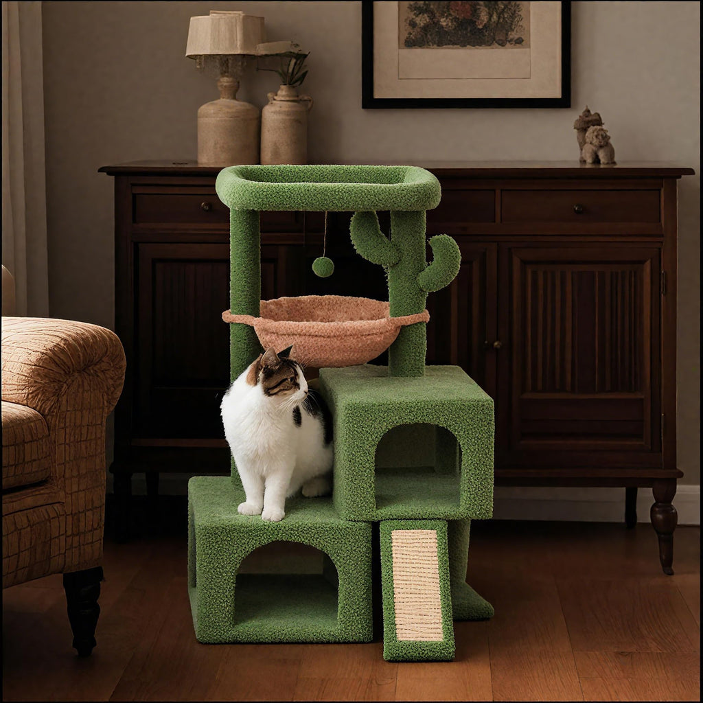 37.4" Green Cactus Cat Tree with Cat Condos and Scratching Post I57645