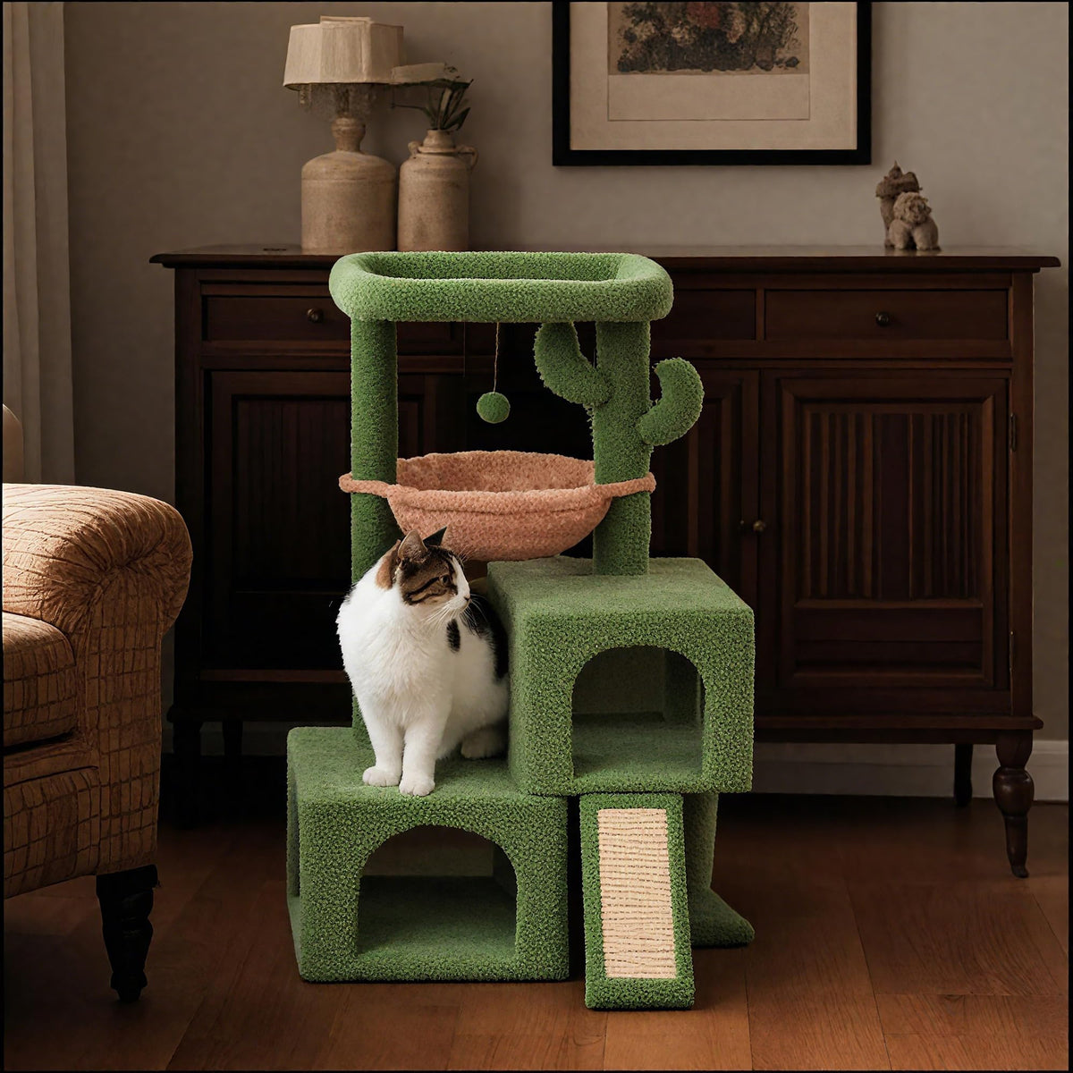 37.4" Green Cactus Cat Tree with Cat Condos and Scratching Post I57645