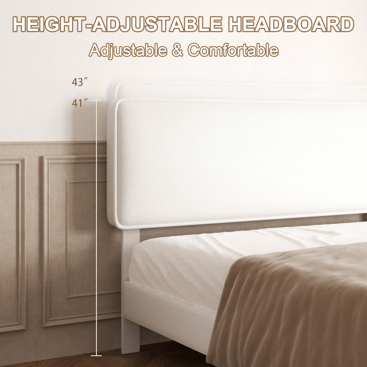 White Upholstered Bed Frame with Adjustable Headboard V828652