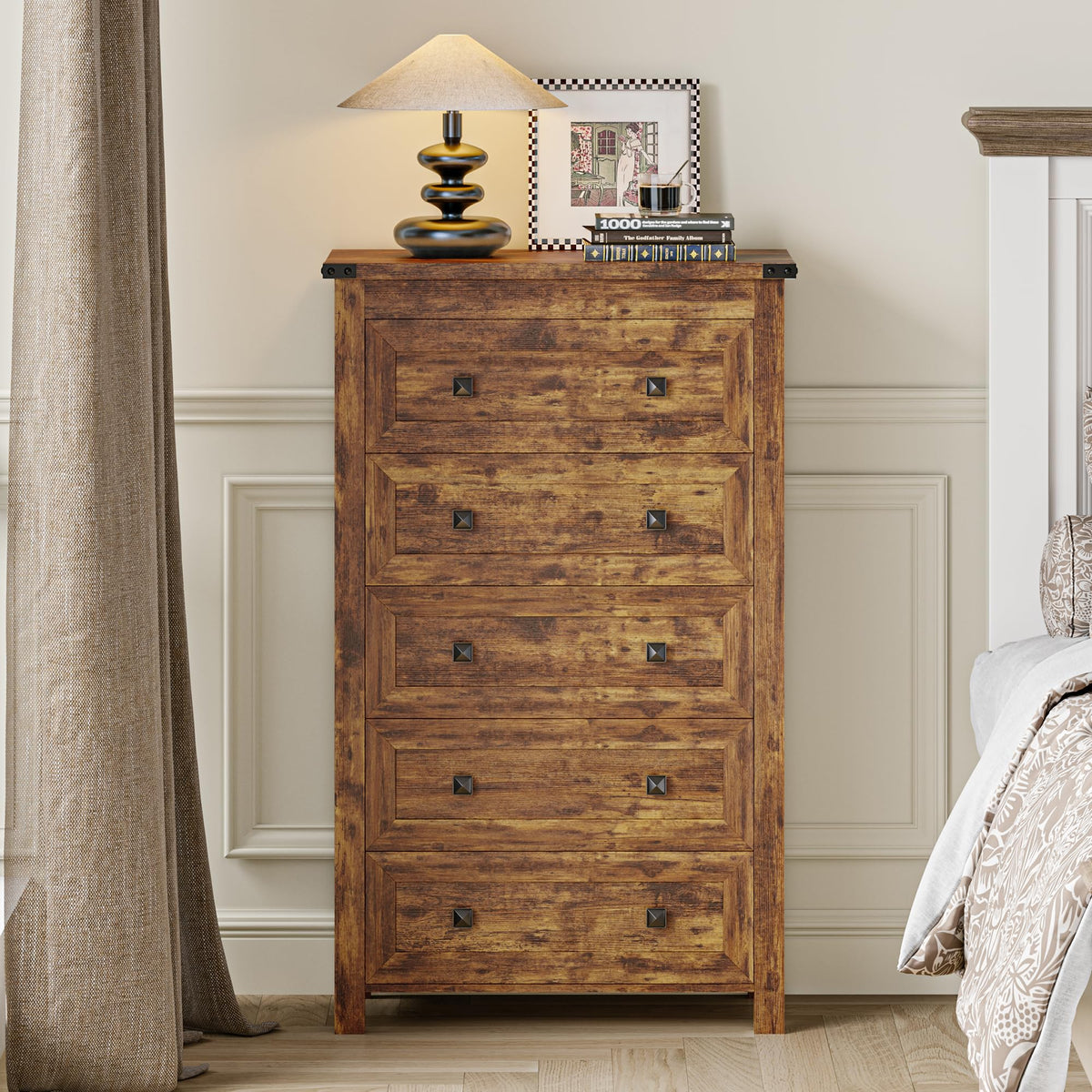 Brown Tall 5 Drawer Wood Dresser with Metal Handles C6731