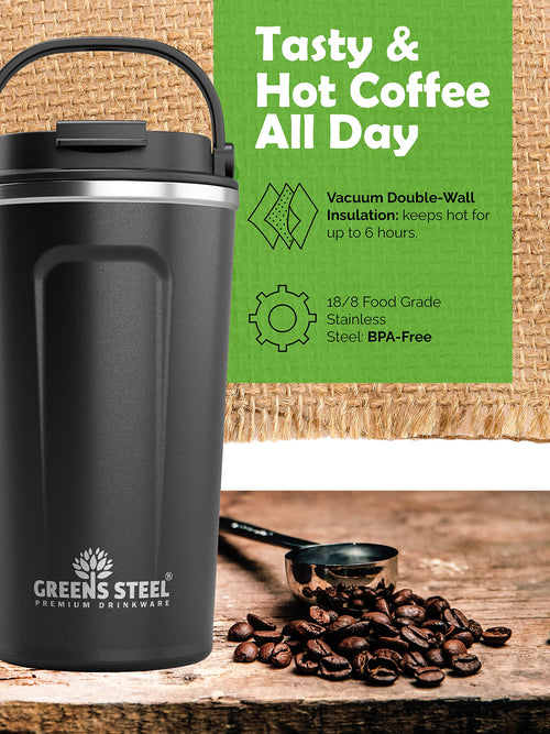 16 oz Black Stainless Steel Insulated Coffee Cup with Lid and Handle N217583
