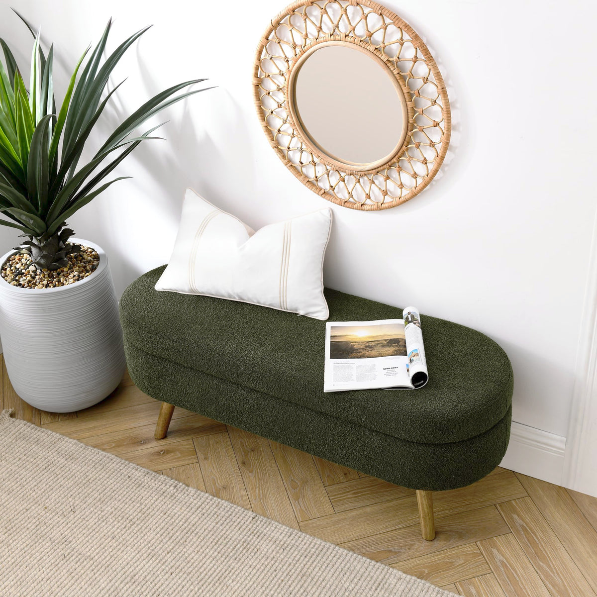 Oval Storage Bench with Rubber Wood Legs, Green V1298