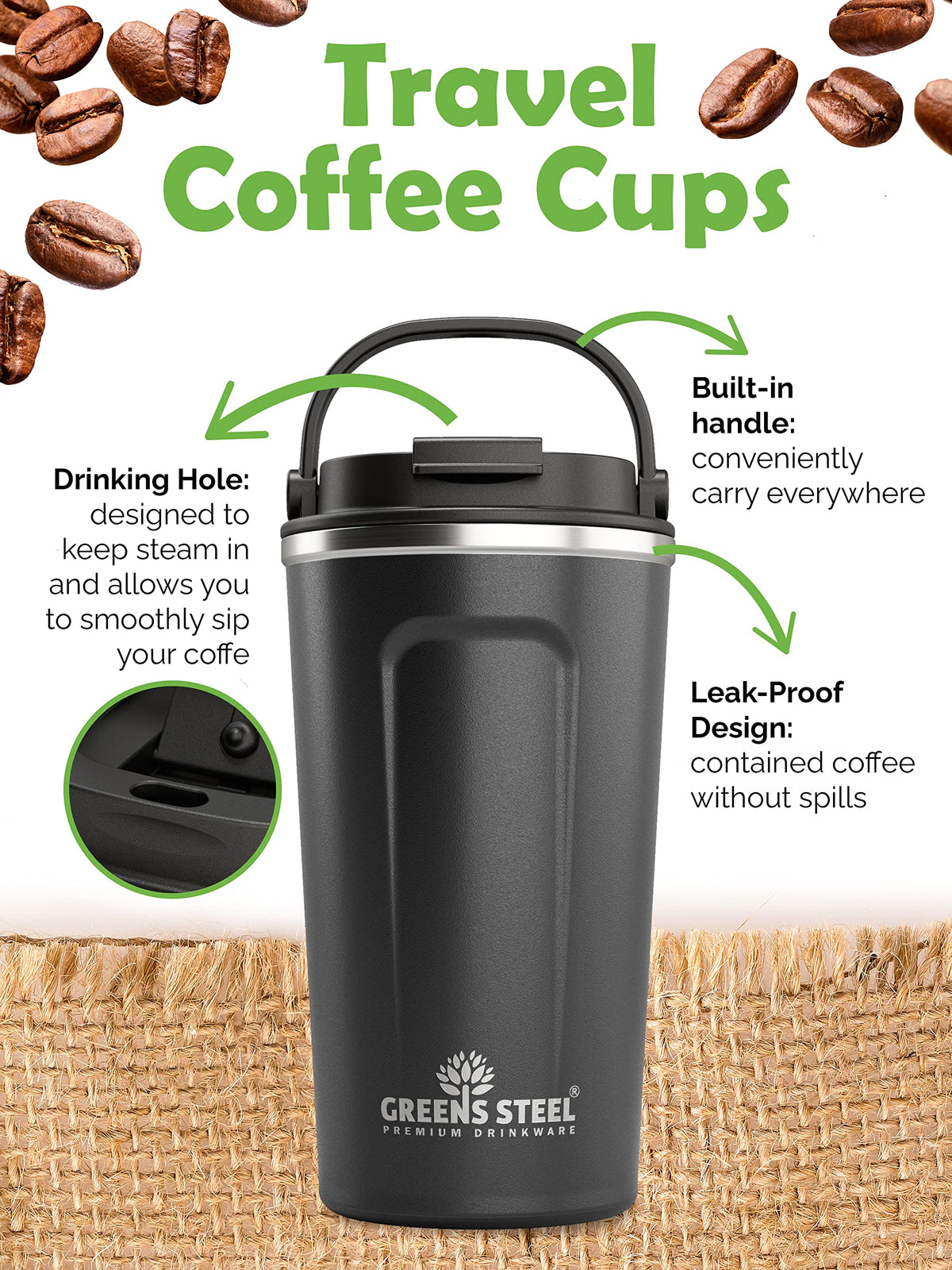 16 oz Black Stainless Steel Insulated Coffee Cup with Lid and Handle N217583