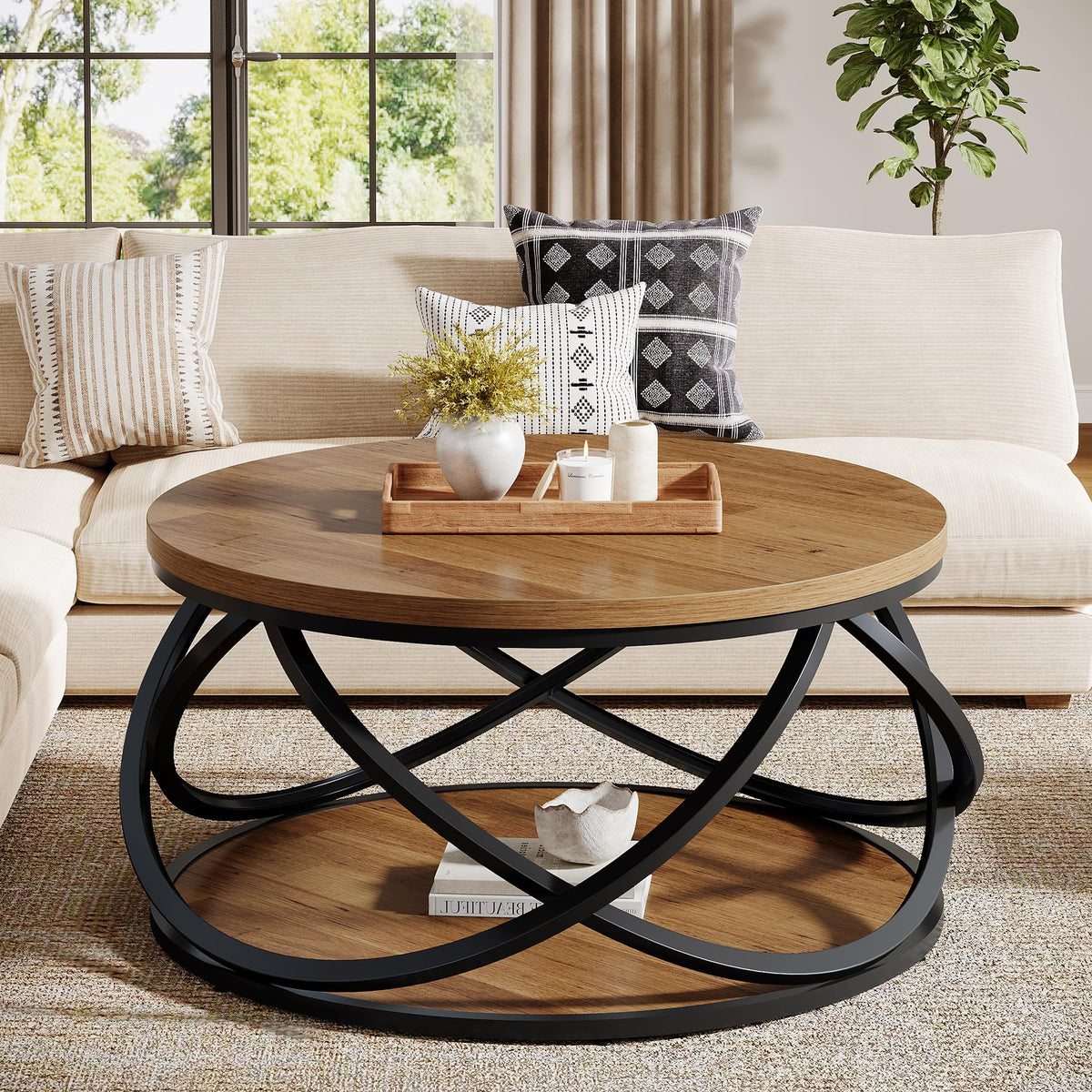 2-Tier Round Coffee Table with Storage Shelf S410716