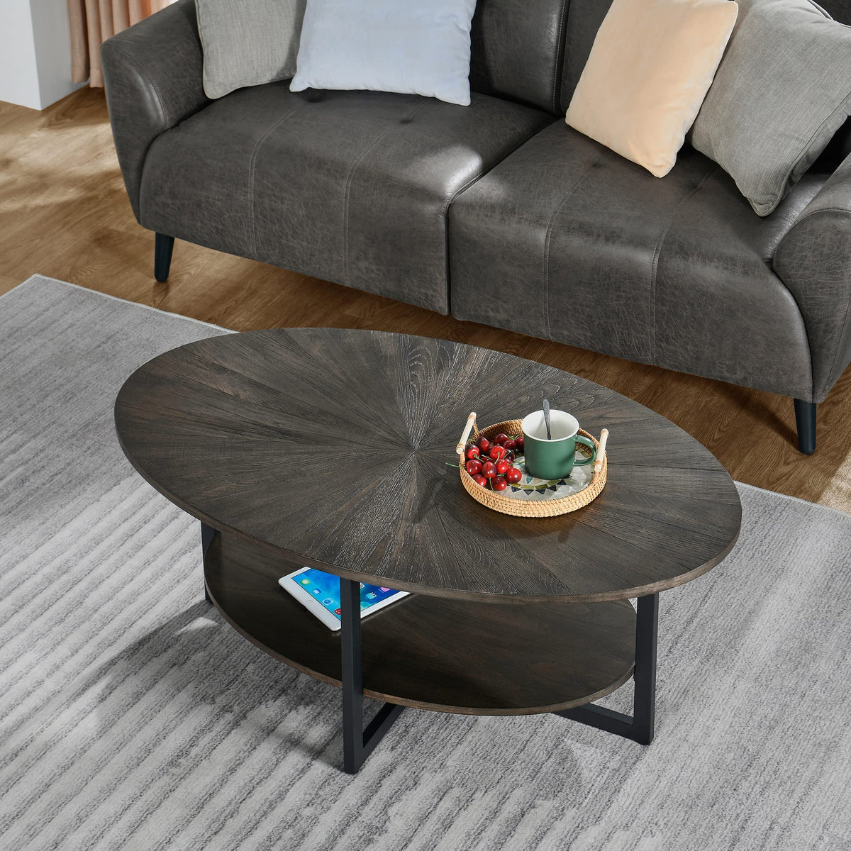 Wood Oval Coffee Table with Storage Shelf, 2-Tier, Black Brown V57608