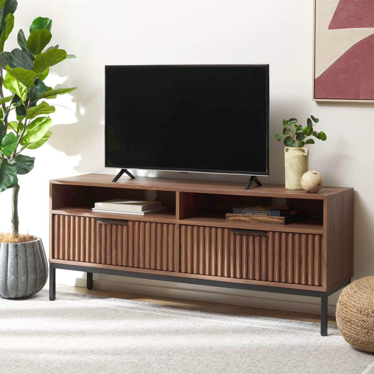 Walnut Brown Black 2 Drawer TV Stand E52594