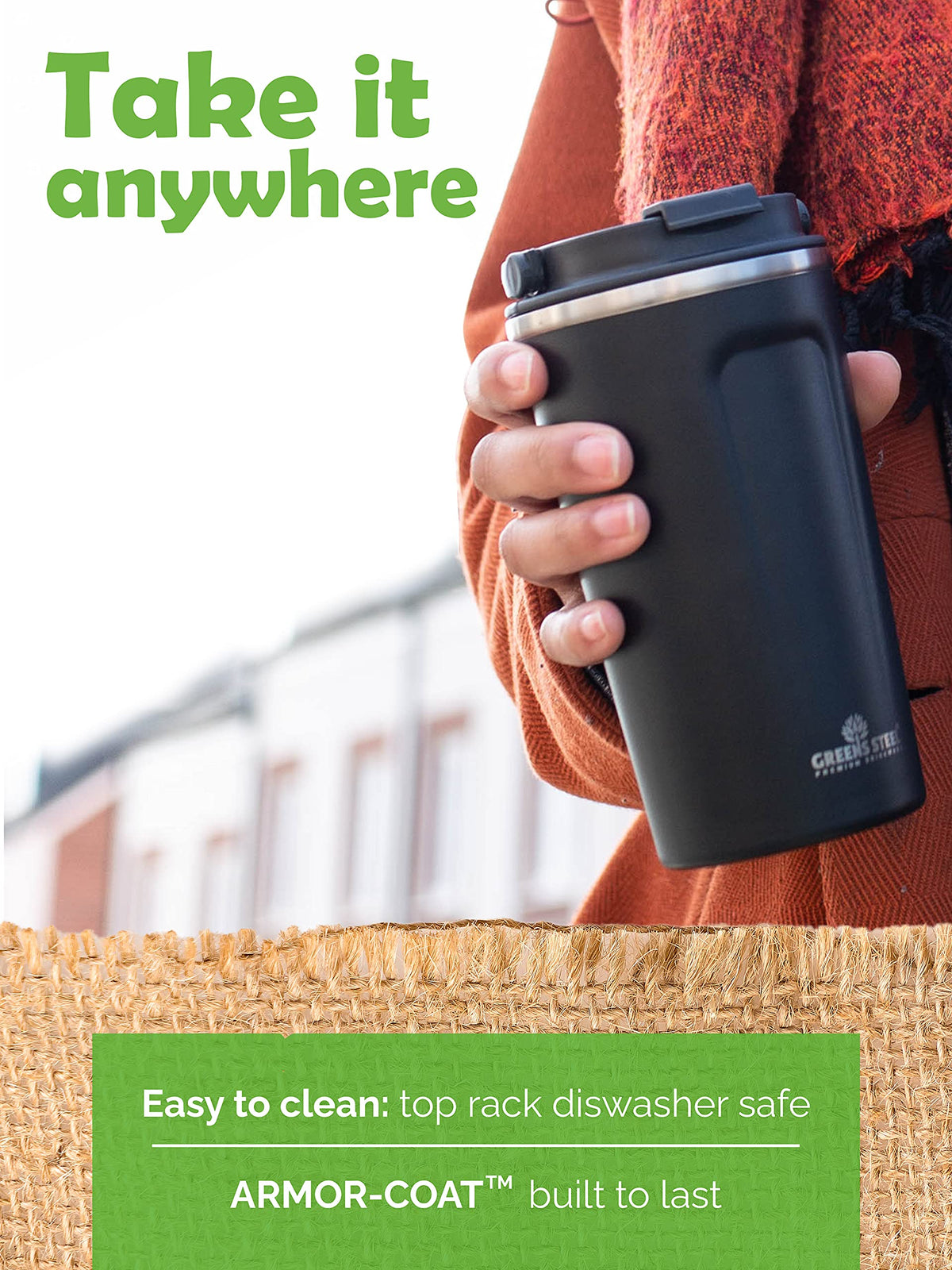 16 oz Black Stainless Steel Insulated Coffee Cup with Lid and Handle N217583