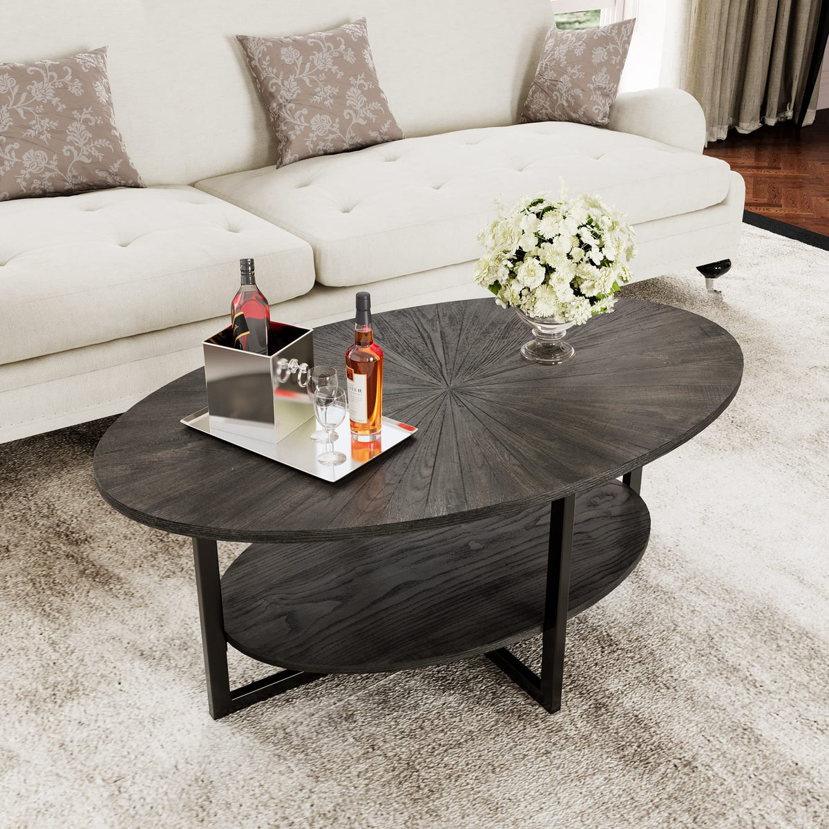 Wood Oval Coffee Table with Storage Shelf, 2-Tier, Black Brown V57608