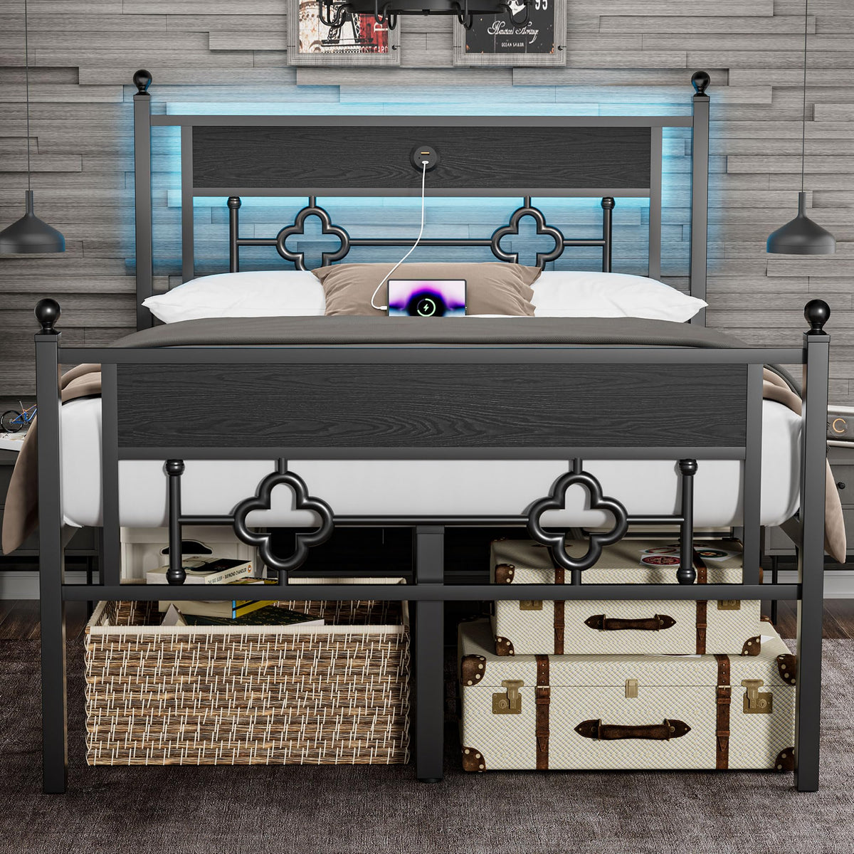 20 Inch Queen Size Bed Frame with Headboard & Footboard Q69173